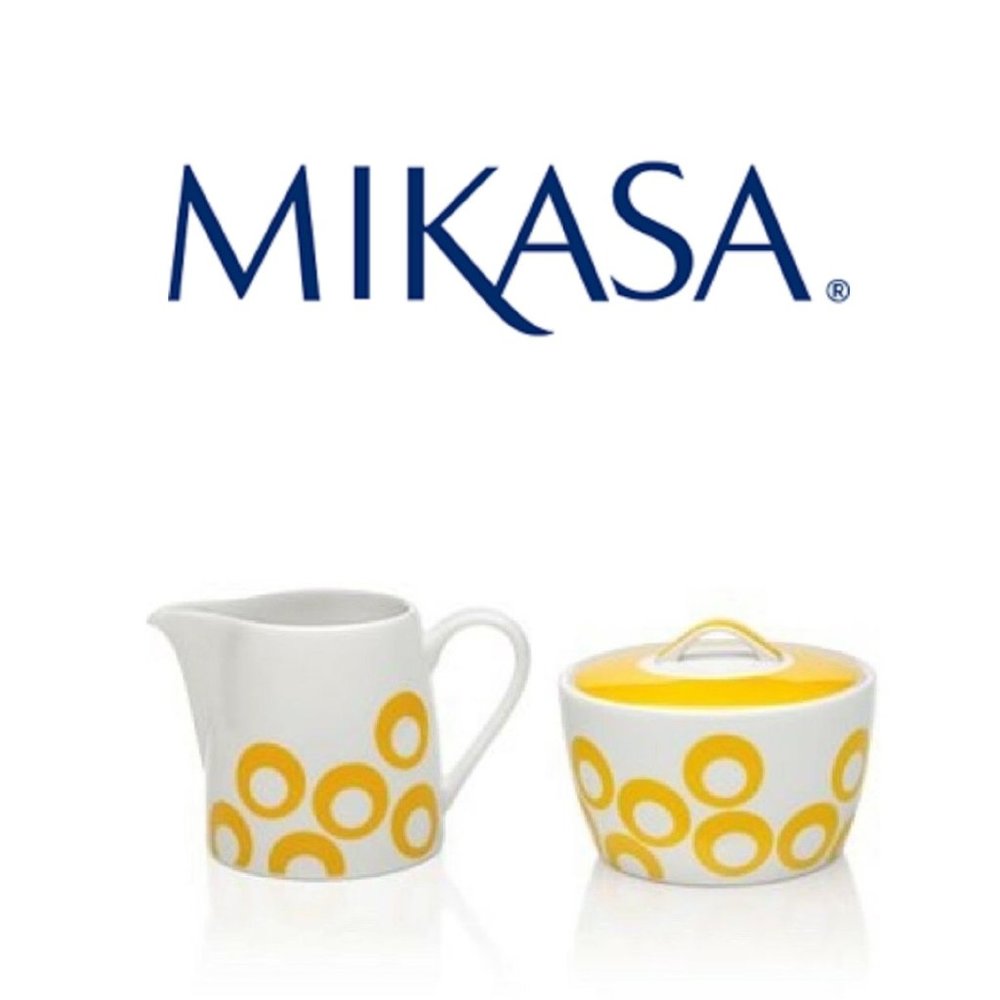 brand new YELLOW & WHITE Mikasa Circle Chic Porcelain Creamer + Covered Sugar